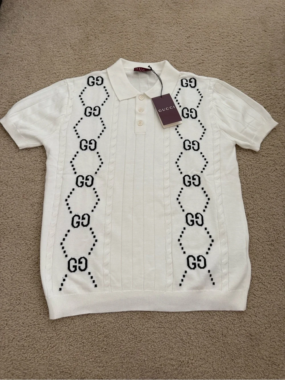 Gucci White GG Monogram Knit Polo Shirt Short Sleeve